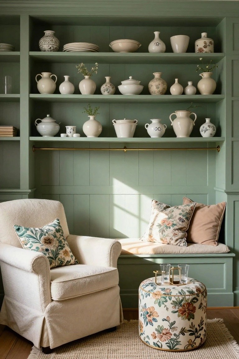Sage green built-in shelving unit filled with white ceramic vases, bowls, pitchers, and dishes, paired with a cream armchair, floral-upholstered ottoman, and window seat with pillows in a paneled green room.