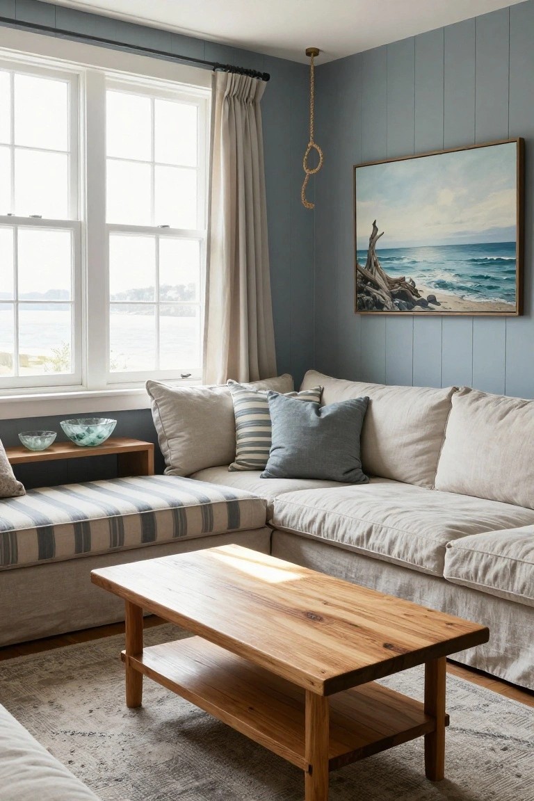 Light blue shiplap-paneled living room corner with cream L-shaped sofa, striped cushions, wooden side bench with glass bowls, wooden coffee table, and large windows showing an ocean view.