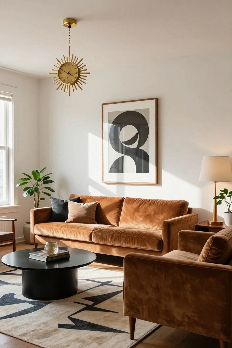 A bright living room with terracotta velvet L-shaped sofa and armchair, black round coffee table on a geometric rug, abstract black-and-white wall art, potted plants, brass table lamp, and gold sunburst clock pendant light.