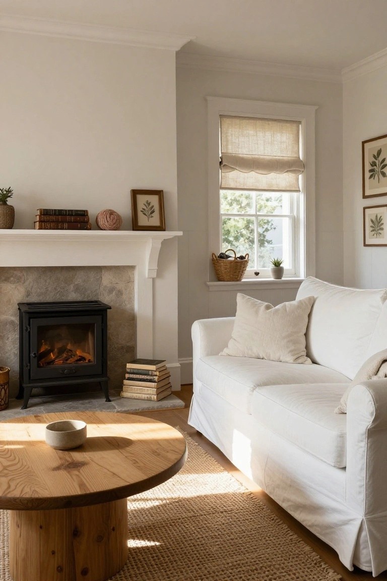 Bright living room with white slipcovered sofa facing a black multi-fuel stove in a stone fireplace, wooden coffee table, books on the mantel, plants, and window with linen shade.