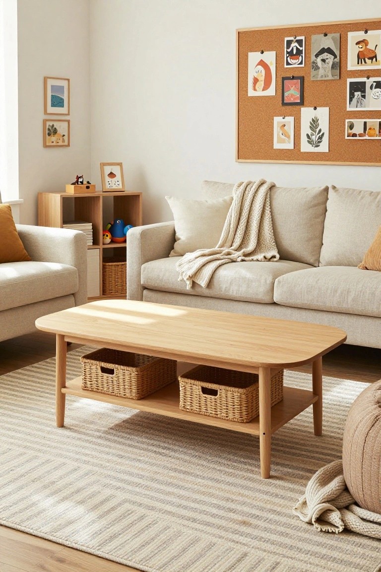 Light wood oval coffee table with built-in lower shelves holding four wicker baskets, placed on a striped rug in front of two cream fabric sofas in a living room with wooden shelves and a corkboard wall.