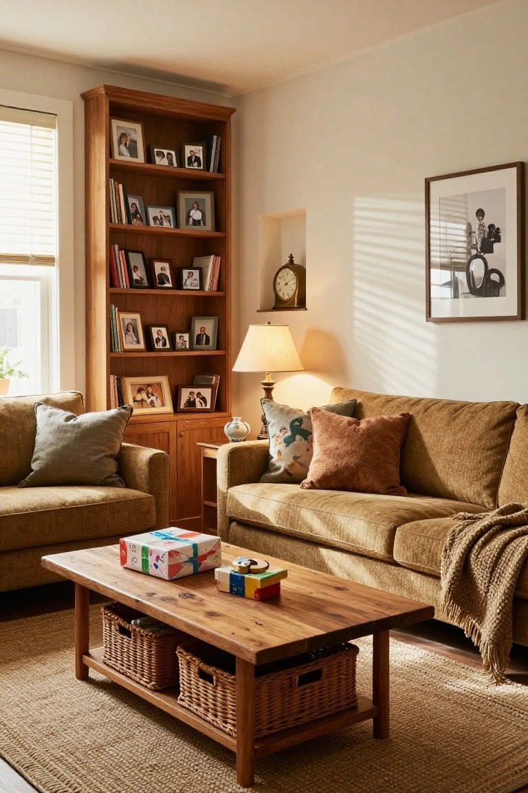 Cozy living room corner featuring a tan fabric sofa, wooden coffee table with wrapped gift boxes, colorful building blocks, and wicker baskets underneath, flanked by wooden bookshelves filled with books and photo frames.