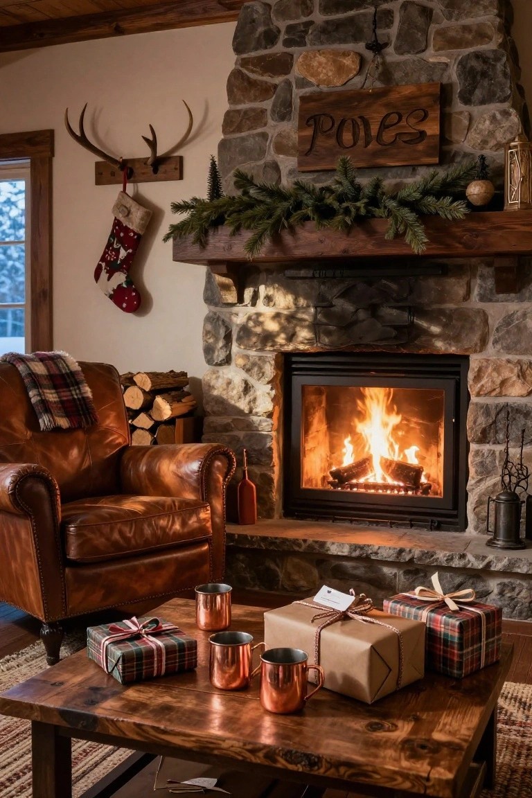 Cozy living room with stone fireplace, evergreen garland on mantel, red stocking hanging nearby, brown leather armchair, and wooden coffee table holding wrapped gifts in plaid paper and copper mugs.