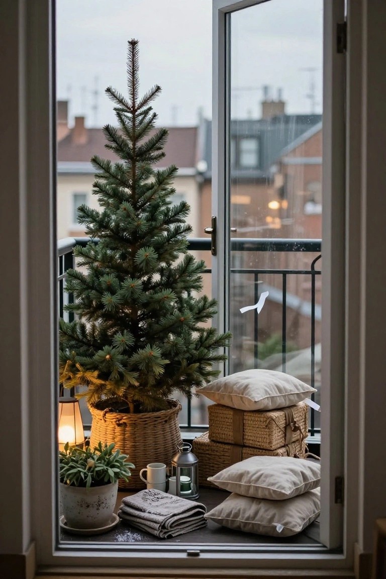 Open glass balcony doors framing a small lit Christmas tree in a woven basket surrounded by white pillows, wicker gift boxes, lanterns, a potted plant, and mug on the floor with a city rooftop view outside on a cloudy day.