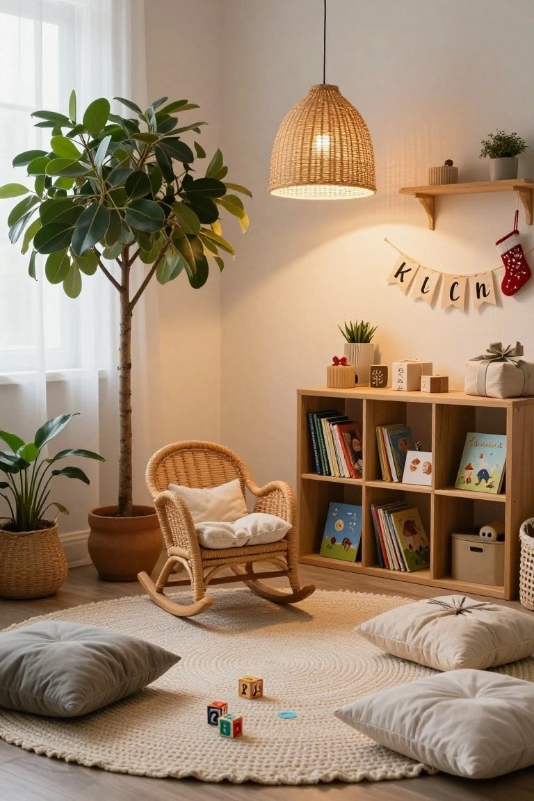 Cozy indoor room corner featuring a rattan rocking chair, wooden bookshelves with children's books, potted plants, round braided rug with neutral floor cushions and wooden toys, rattan lamp, and Christmas garland with stockings.