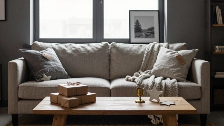 23 Cute Under Christmas Tree Decor Ideas That Add Finishing Touches Cozy living room corner featuring a lit Christmas tree with white and gold ornaments, neutral sofa with gray pillow and throw blanket, stacked kraft paper wrapped gifts and star decorations on wooden coffee table, white fireplace nearby.