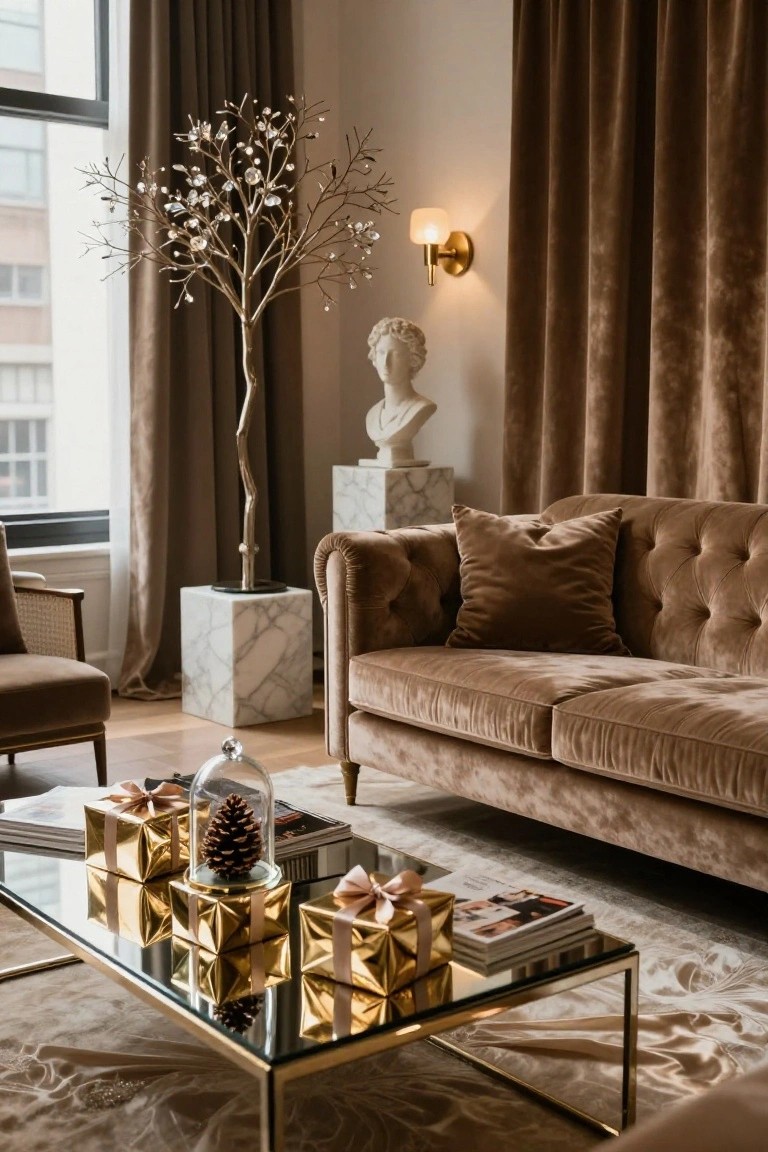 A luxurious living room with tufted brown velvet sofa, glass coffee table holding stacked gold metallic gift boxes with ribbons and a glass dome over a pine cone, marble pedestal with bust, crystal branch tree sculpture, and large windows with brown curtains.