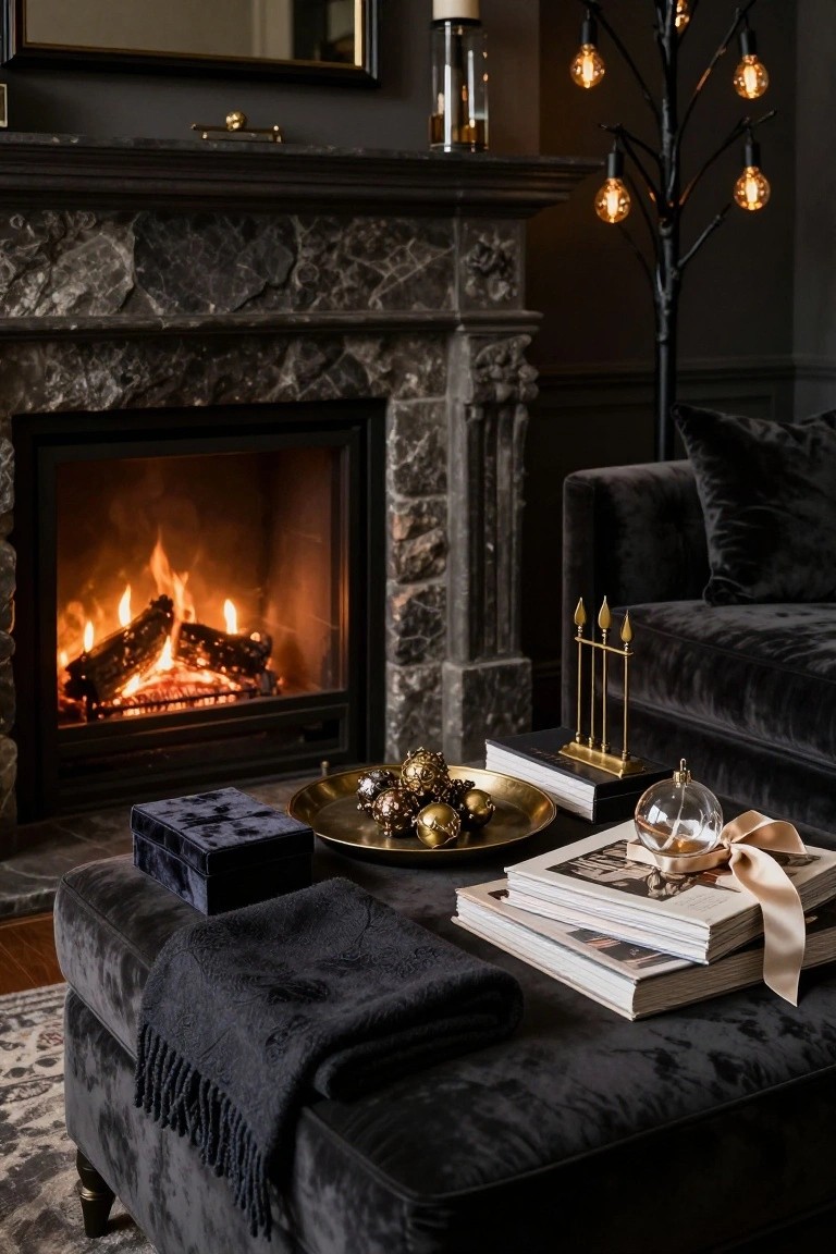 Dark velvet ottoman in front of a lit stone fireplace holds stacked books, a gold tray with pinecones and Christmas baubles, a velvet box, glass ornaments, and a draped black throw in a black-walled living room.