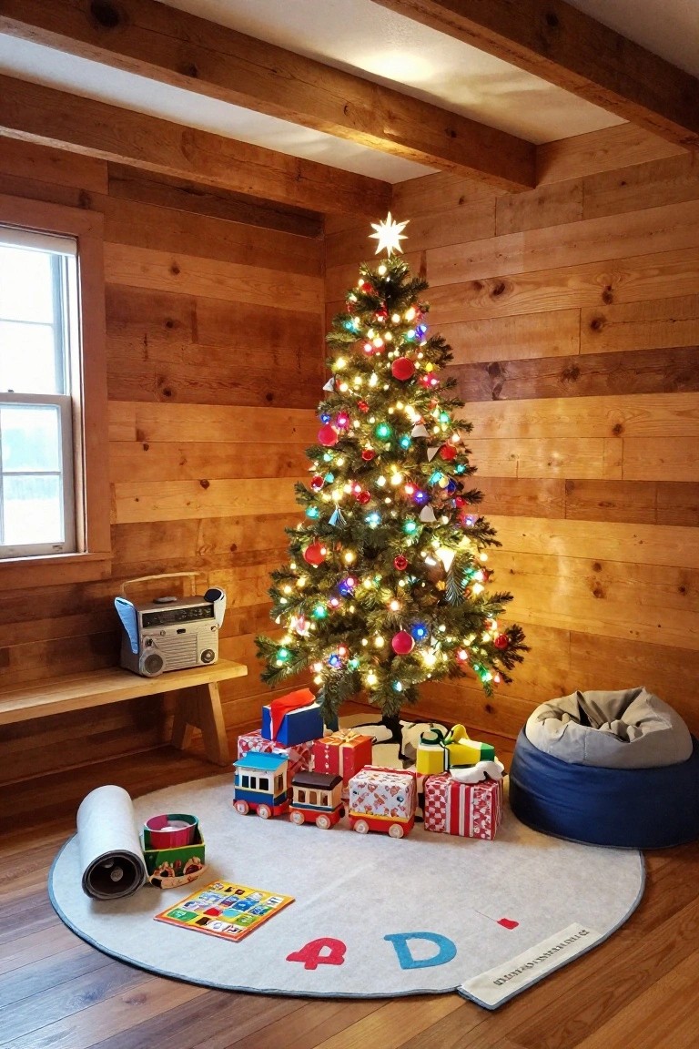 A lit Christmas tree in a wooden-walled room stands over a circular gray play rug with a wooden toy train set, wrapped gifts, a puzzle, and a blue pouf nearby.