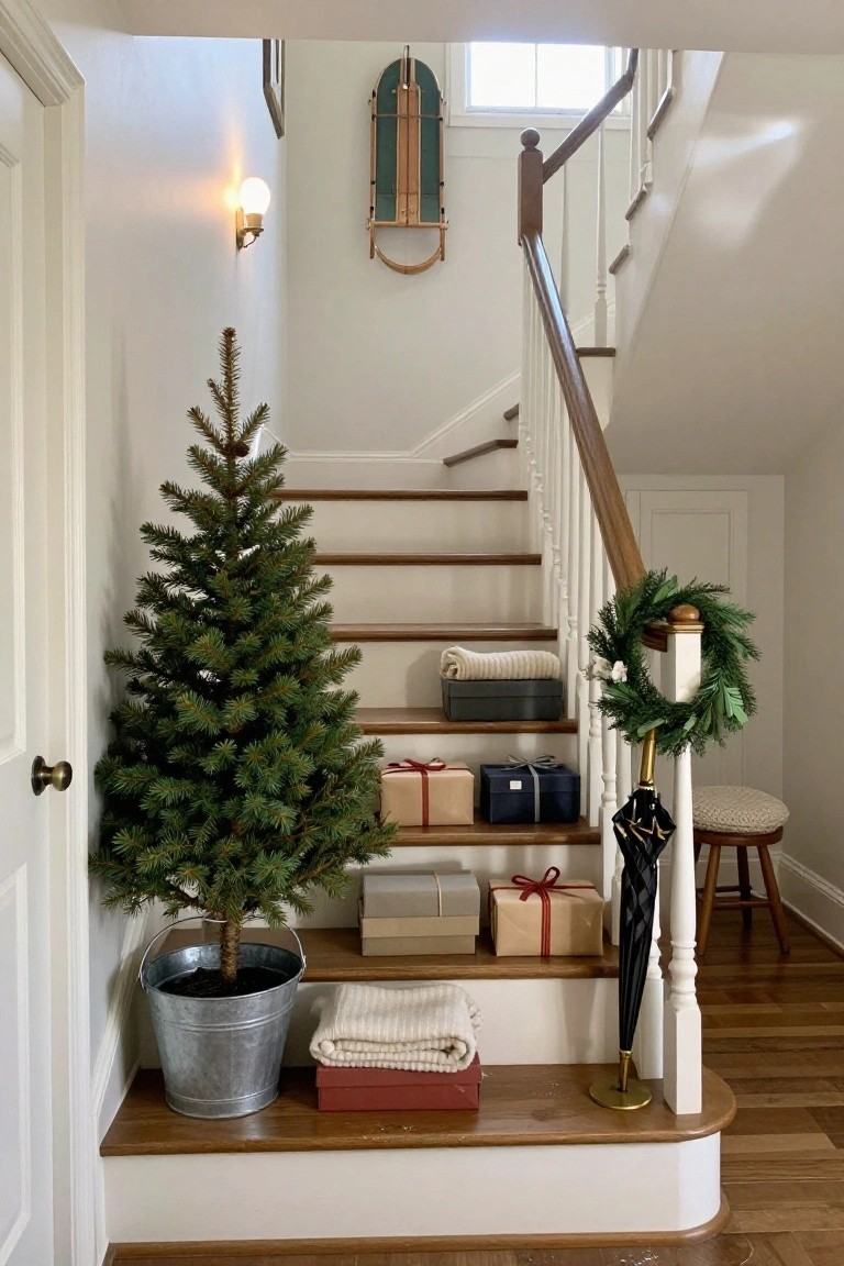A small potted evergreen Christmas tree in a galvanized metal bucket sits at the base of a wooden staircase, surrounded by wrapped gifts, folded blankets, and throws on the steps, with evergreen wreaths on the railing and walls.