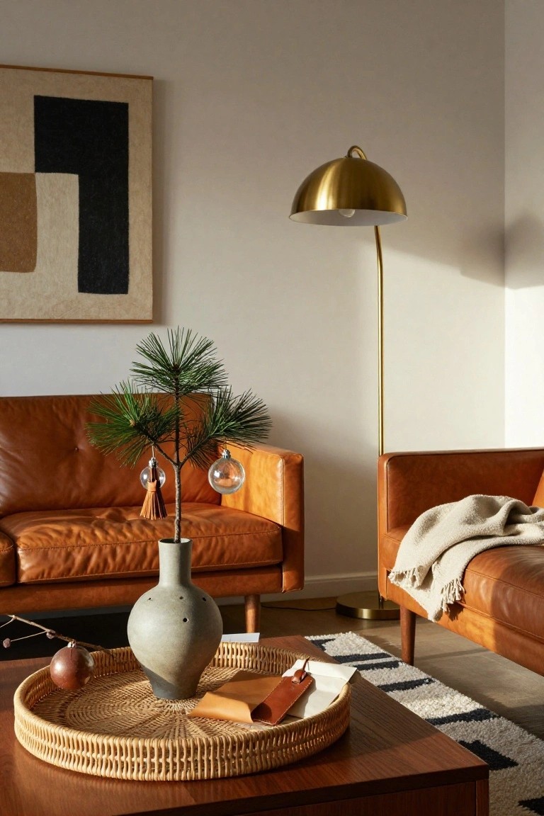 Living room corner with tan leather sofa and armchair, coffee table holding gray vase with small potted pine tree decorated with hanging Christmas ornaments and tassels on a woven tray, gold arched floor lamp, and abstract wall art.