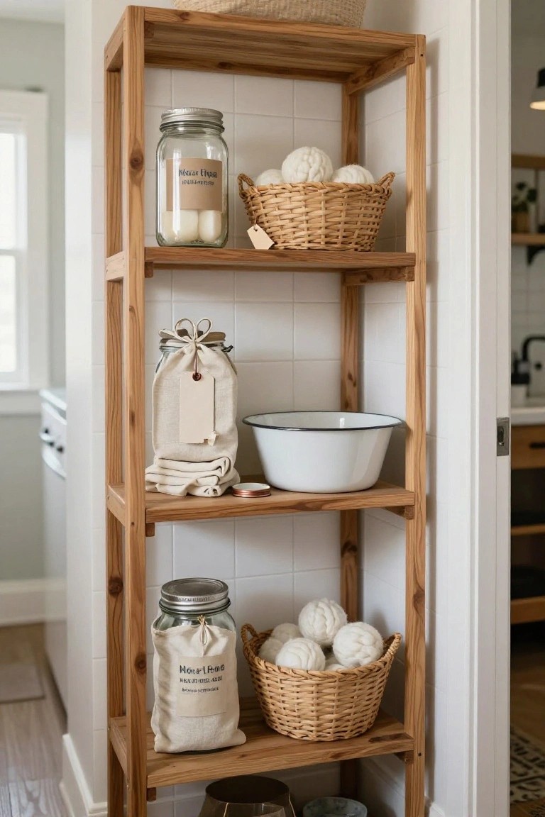 Wooden open-frame shelving unit against white tiled wall in a laundry room, holding glass jars with white soap balls labeled wool soap, woven baskets filled with white wool dryer balls, a linen drawstring bag labeled wool rinse, folded white linens, a white enamel bowl, and smaller containers below.