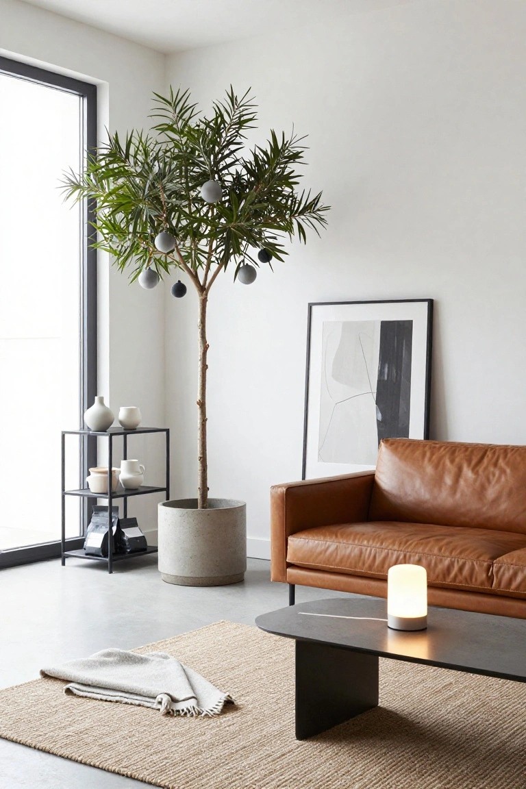 Modern living room corner featuring a tall potted tree with gray and black Christmas baubles, tan leather sofa, black oval coffee table with white lamp, seagrass rug with white throw, metal shelf with ceramic vases, and large abstract artwork on white wall.