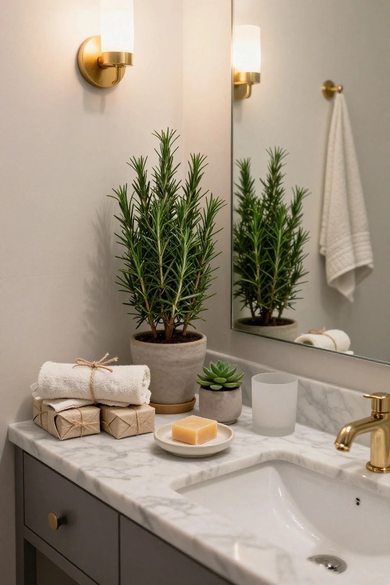 Bathroom vanity with marble countertop and gold faucet, flanked by two potted rosemary plants and a succulent, twine-tied white towels and soap bars nearby, mirror above, white towels on hook, and wall sconces.