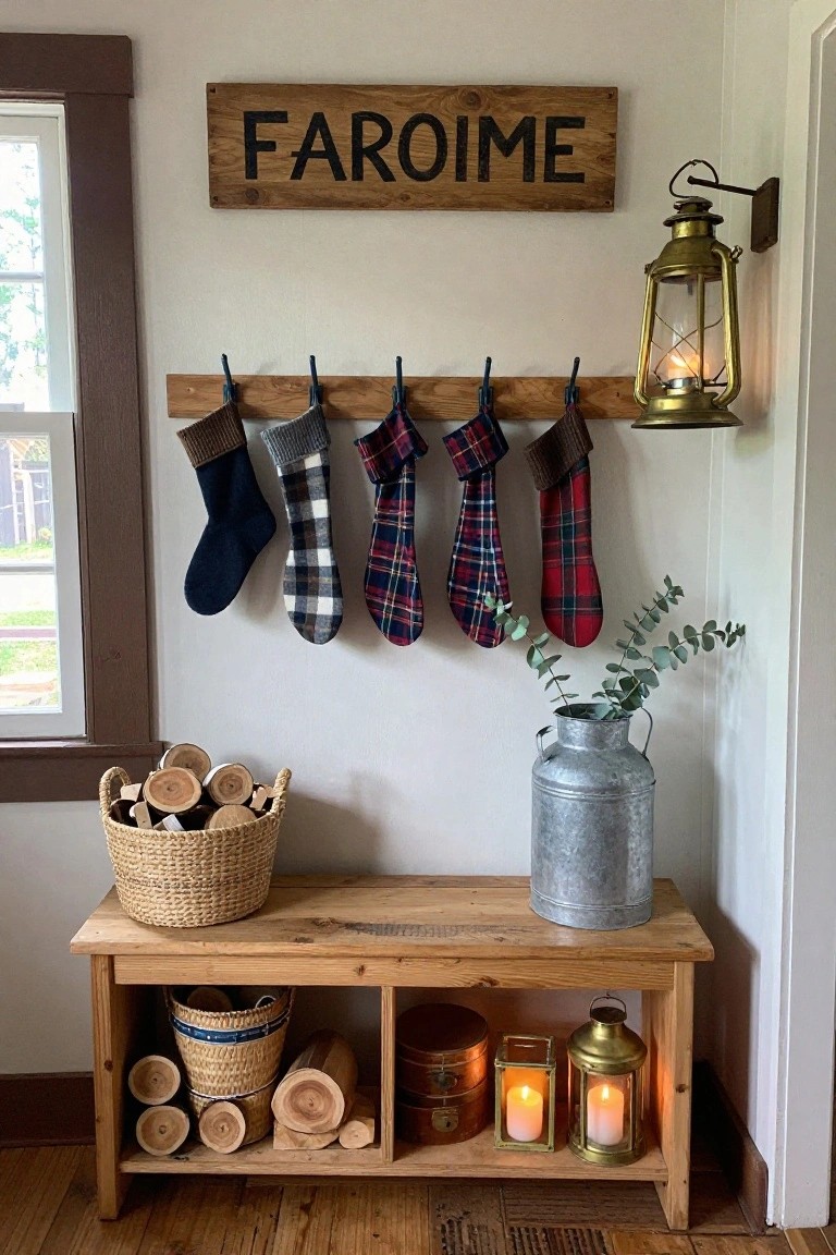 Interior corner featuring a wooden bench with wicker baskets of firewood logs, colorful plaid Christmas stockings hung on hooks below a