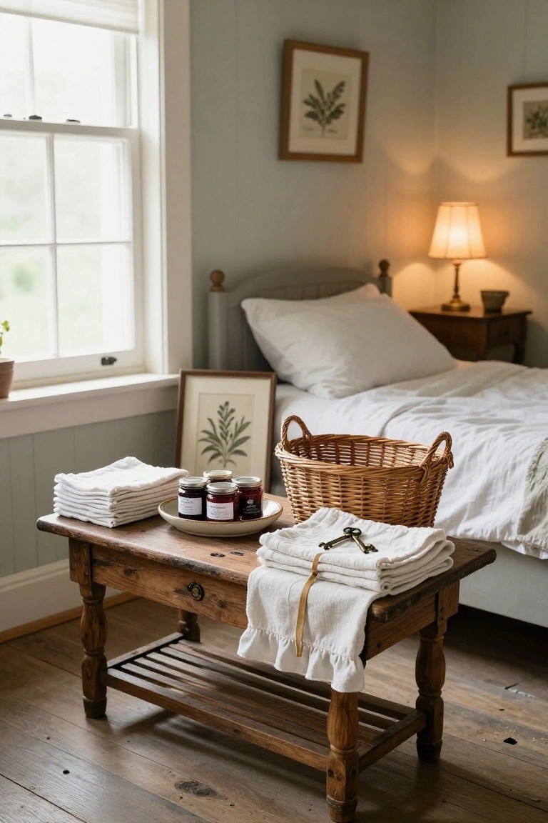 Wooden bench beside a bed in a light green bedroom, holding stacked white linens with ruffles, jam jars on a plate, brass keys, and a wicker basket, with botanical prints and a lamp nearby.