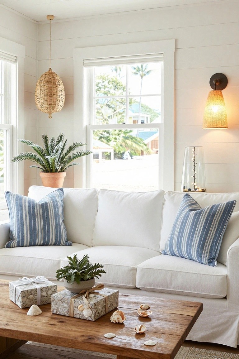 White slipcovered sofa in a shiplap-walled living room with large windows overlooking tropical scenery, wooden coffee table holding shell-patterned wrapped gifts and scattered seashells, potted plants nearby, and rattan pendant light overhead.
