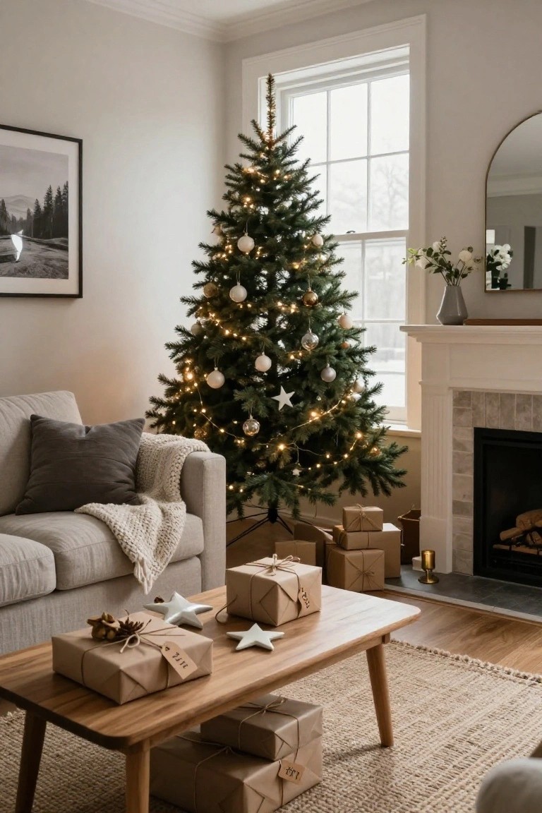 Cozy living room corner featuring a lit Christmas tree with white and gold ornaments, neutral sofa with gray pillow and throw blanket, stacked kraft paper wrapped gifts and star decorations on wooden coffee table, white fireplace nearby.