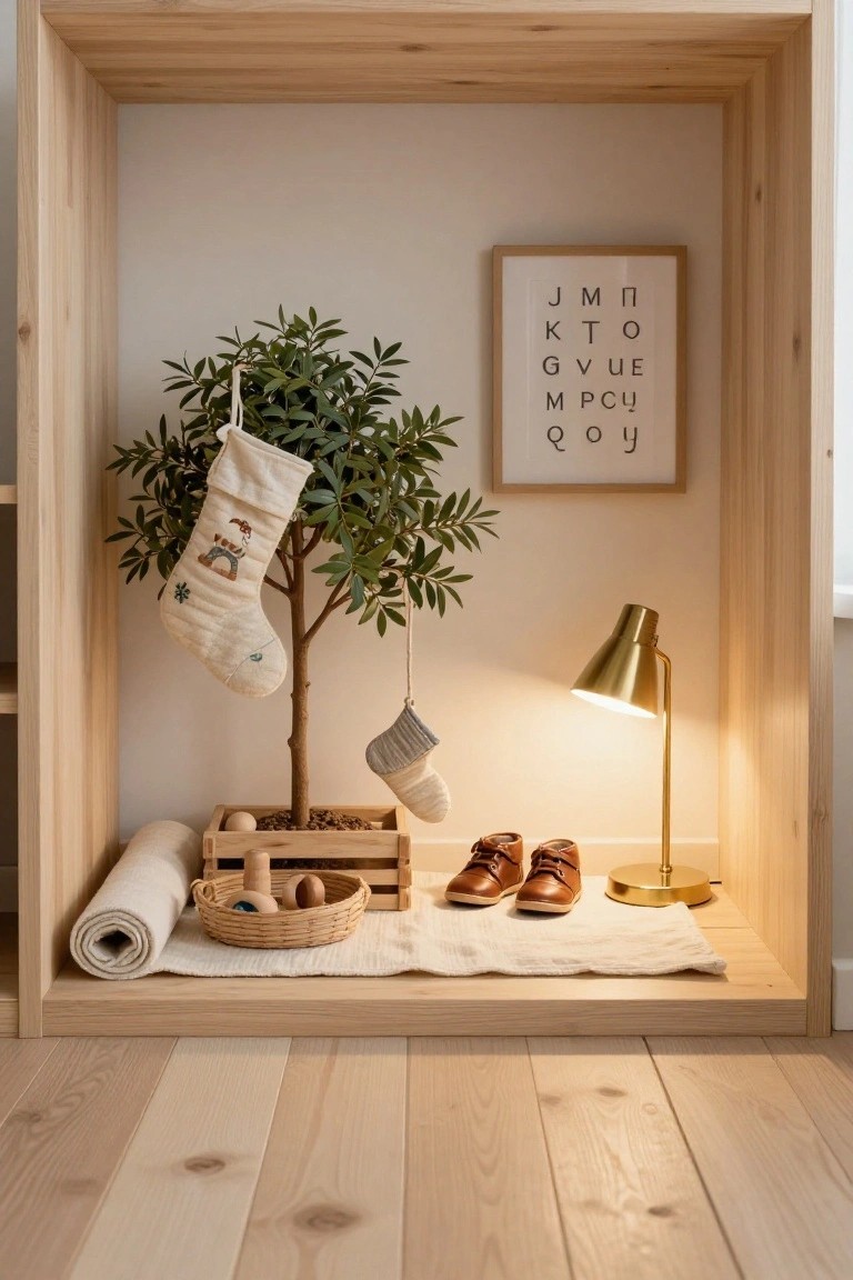 Open wooden shelving unit with a potted faux olive tree hanging two embroidered Christmas stockings, a gold lamp, framed letter artwork, rolled white towel, wooden crate of pebbles, woven basket of wooden toys, and brown baby shoes on a white fabric mat.