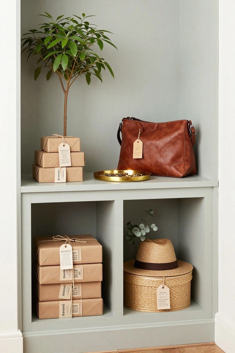 Light gray built-in corner shelving unit holding stacked wrapped cardboard boxes with tags, a potted green plant, tan leather handbag, gold tray, and woven hat box with lid.