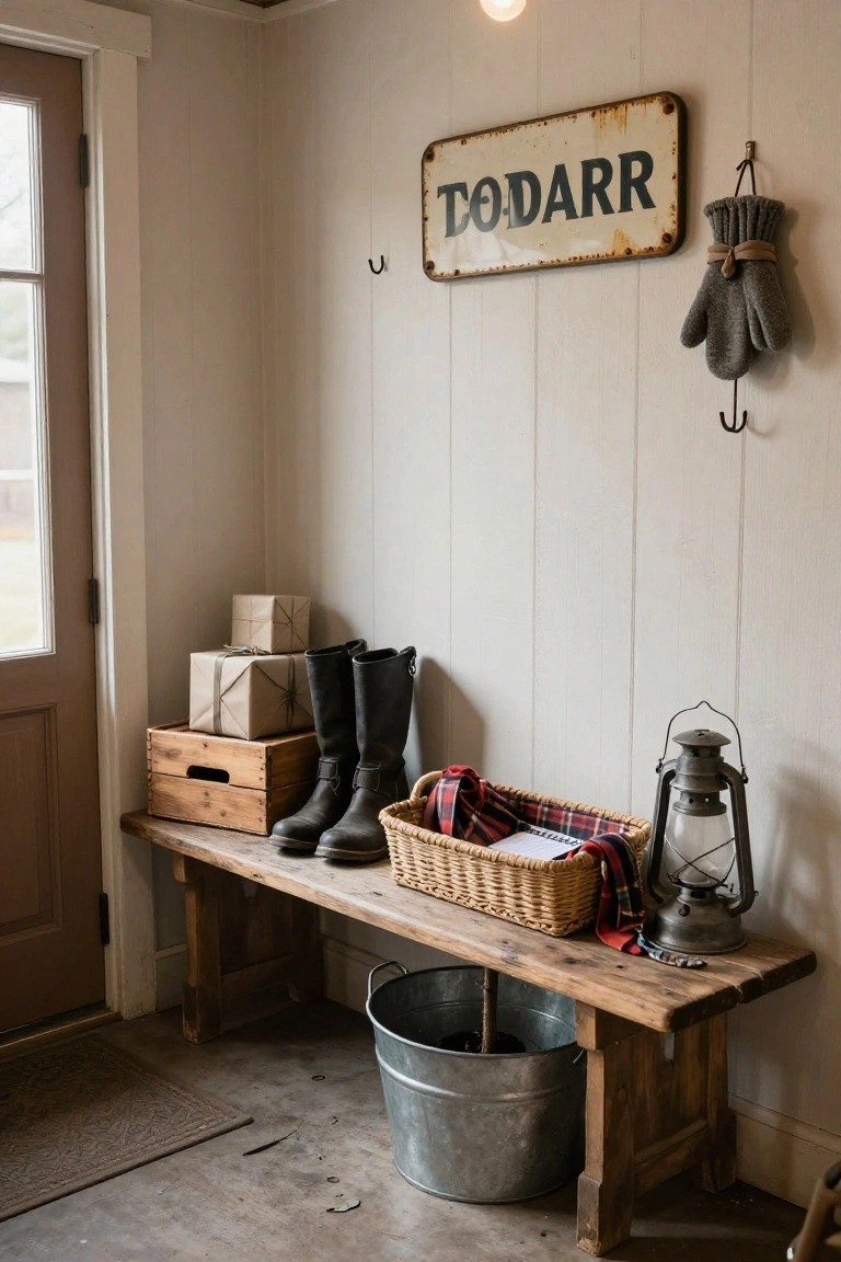 Mudroom corner with wooden bench holding tall black boots, wooden crate stacked with kraft paper wrapped gifts, wicker basket with plaid scarf and papers, galvanized bucket, metal lantern, hanging wool mittens, and