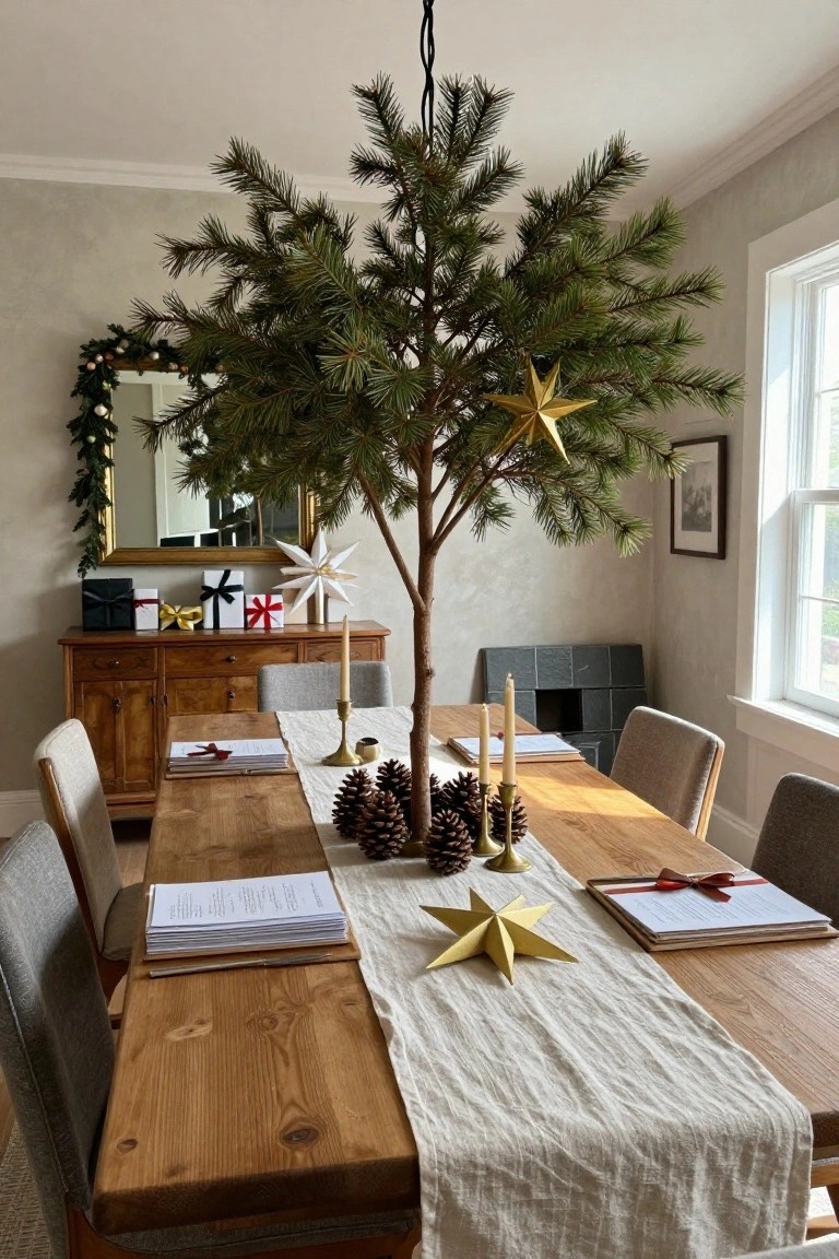 Dining table in a room with gray walls and a mirror, featuring a small potted pine Christmas tree at center decorated with gold stars, surrounded by pinecones, white candles, gold star paper decorations, stacks of papers, and wrapped gifts on a linen runner.