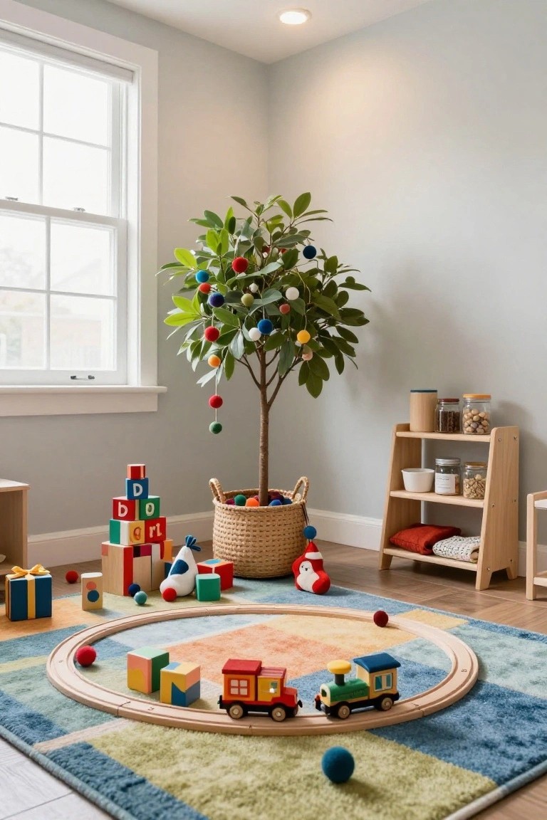 A child's playroom corner featuring a small potted tree decorated with colorful felt balls as a Christmas tree, wooden train set on a multicolored track rug underneath, scattered wooden blocks and toys, shelves with storage jars, and a window with natural light.