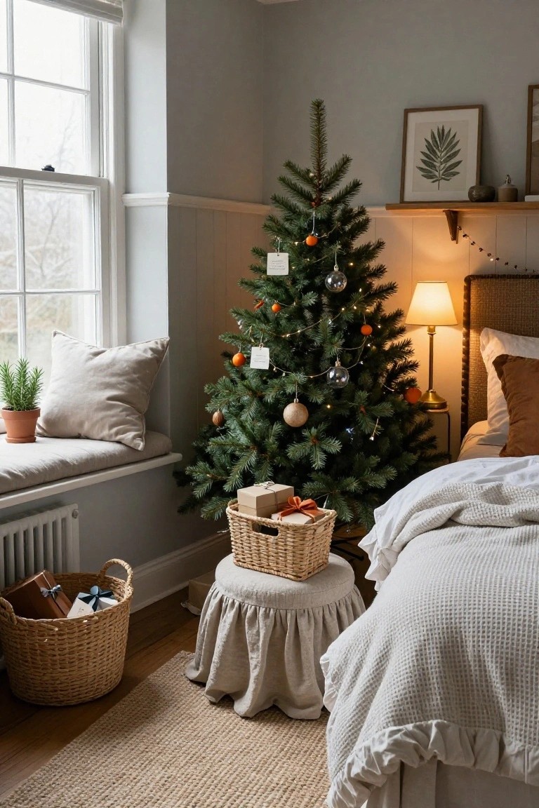 Bedroom corner with a decorated Christmas tree, wicker baskets holding wrapped gifts at its base, a bed with white bedding, window seat with pillows, and warm lamp light.