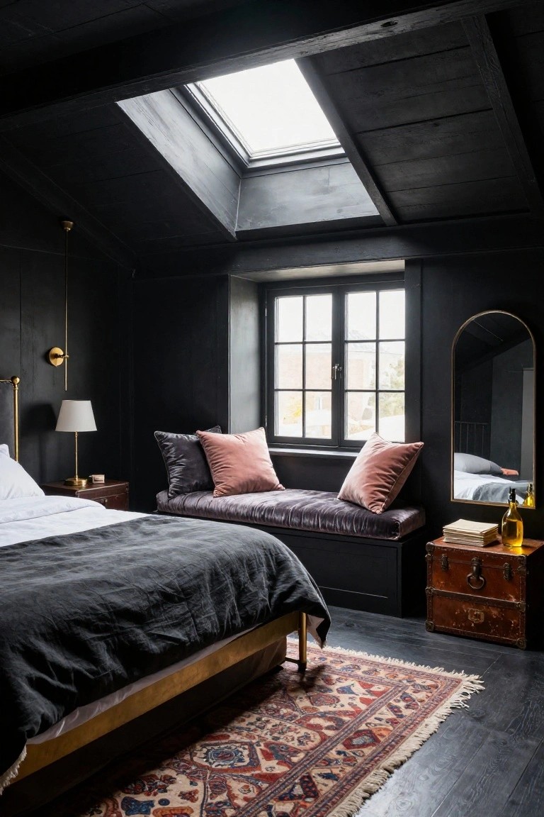 Attic bedroom with matte black walls, ceiling, and beams, brass bed frame with gray bedding, pink velvet pillows and bench by window, arched brass mirror, wood trunk, and patterned rug on dark floor.