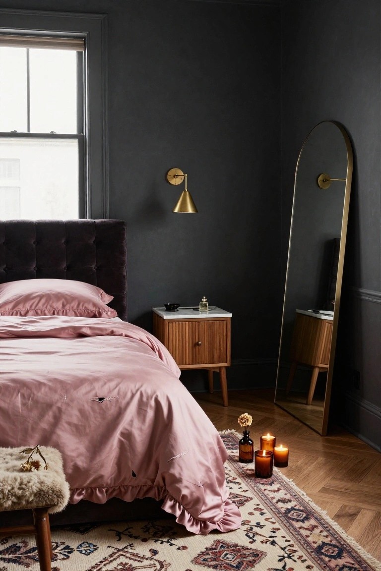 Corner of a bedroom with dark gray walls, black tufted velvet headboard, blush pink silk bedding draped over the bed, wooden nightstand, gold arched floor mirror, fur stool, and candles on hardwood floor beside a patterned rug.