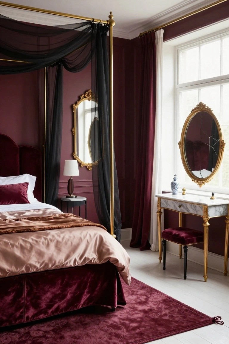 Bedroom interior with deep burgundy walls, gold four-poster bed frame draped in black sheer fabric, burgundy velvet headboard and bed skirt, gold-framed mirrors, marble-topped gold vanity with velvet stool, bedside lamp on black table, maroon rug, and white curtains on window.