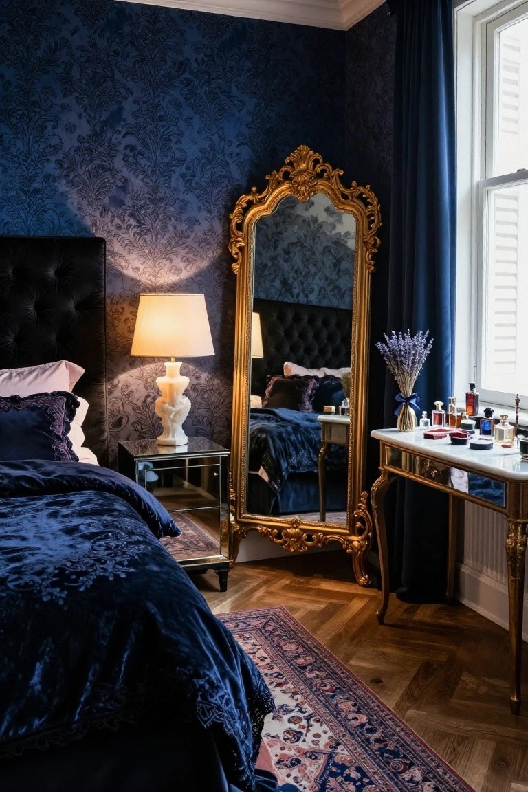 Corner of a bedroom with navy patterned wallpaper on walls, black tufted headboard bed draped in navy velvet bedding and pillows, glass nightstand holding a white sculptural lamp, tall ornate gold mirror reflecting the bed, adjacent gold console table topped with perfume bottles lavender bouquet and white tray, blue curtains at window, parquet flooring with Persian-style rug.