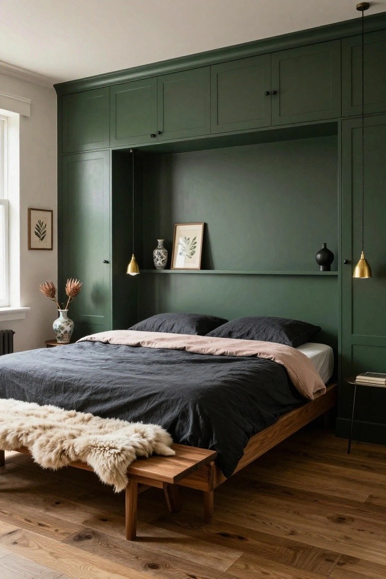 Bedroom interior showing deep green paneled built-in cabinetry with recessed niche behind a low wooden bed dressed in dark linens and pink duvet, flanked by brass pendant lights and shelves with vases, plus a sheepskin-covered bench on hardwood floors.