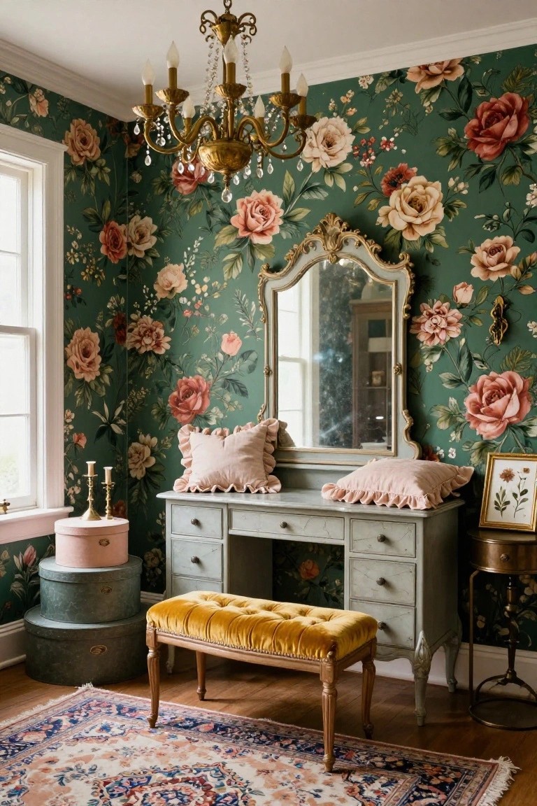 A bedroom corner with emerald green floral wallpaper featuring large pink roses, a gray-painted vanity table topped with pink ruffled pillows and flanked by a gold-framed mirror, a yellow velvet bench, brass candlesticks, a pink hatbox, and a crystal chandelier overhead on a hardwood floor with an oriental rug.