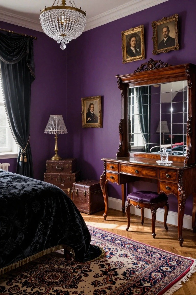 Bedroom interior featuring deep purple walls, ornate antique wooden vanity with mirror, black velvet bed, stacked leather suitcases, brass lamps, framed portraits, crystal chandelier, and Persian rug on wood floor.