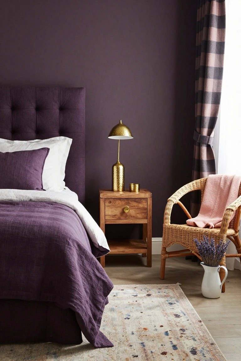 Bedroom with deep purple walls and tufted headboard, purple linen bedding and white pillows on the bed, wood nightstand holding gold lamp and vase, rattan chair draped with pink throw and holding lavender bouquet in white pitcher, beige rug on light wood floor.