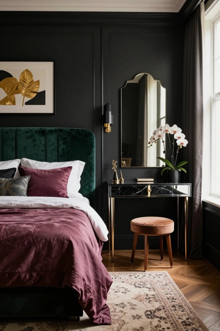 A bedroom featuring dark paneled walls, an emerald green velvet upholstered headboard with white and burgundy pillows and sheets, a black marble vanity table with gold legs and accents, an arched mirror, and a potted white orchid.