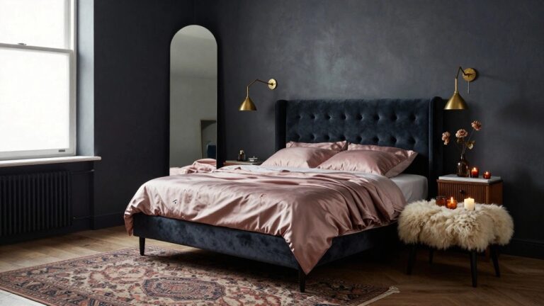 Corner of a bedroom with dark gray walls, black tufted velvet headboard, blush pink silk bedding draped over the bed, wooden nightstand, gold arched floor mirror, fur stool, and candles on hardwood floor beside a patterned rug.