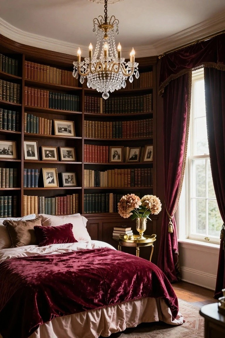 A bedroom with curved floor-to-ceiling dark wood bookshelves filled with books and framed photos, a bed draped in burgundy velvet bedding and pillows, a crystal chandelier overhead, a side table with flowers next to a gold tray, and maroon velvet curtains at a tall window.