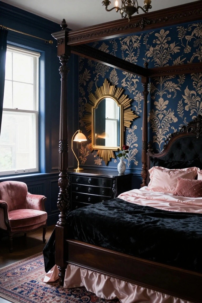 Bedroom interior with navy wallpaper featuring gold floral motifs, dark wood four-poster bed with black velvet headboard and pink satin sheets, gold sunburst mirror, brass desk lamp, pink velvet armchair, and vase of roses on black dresser.