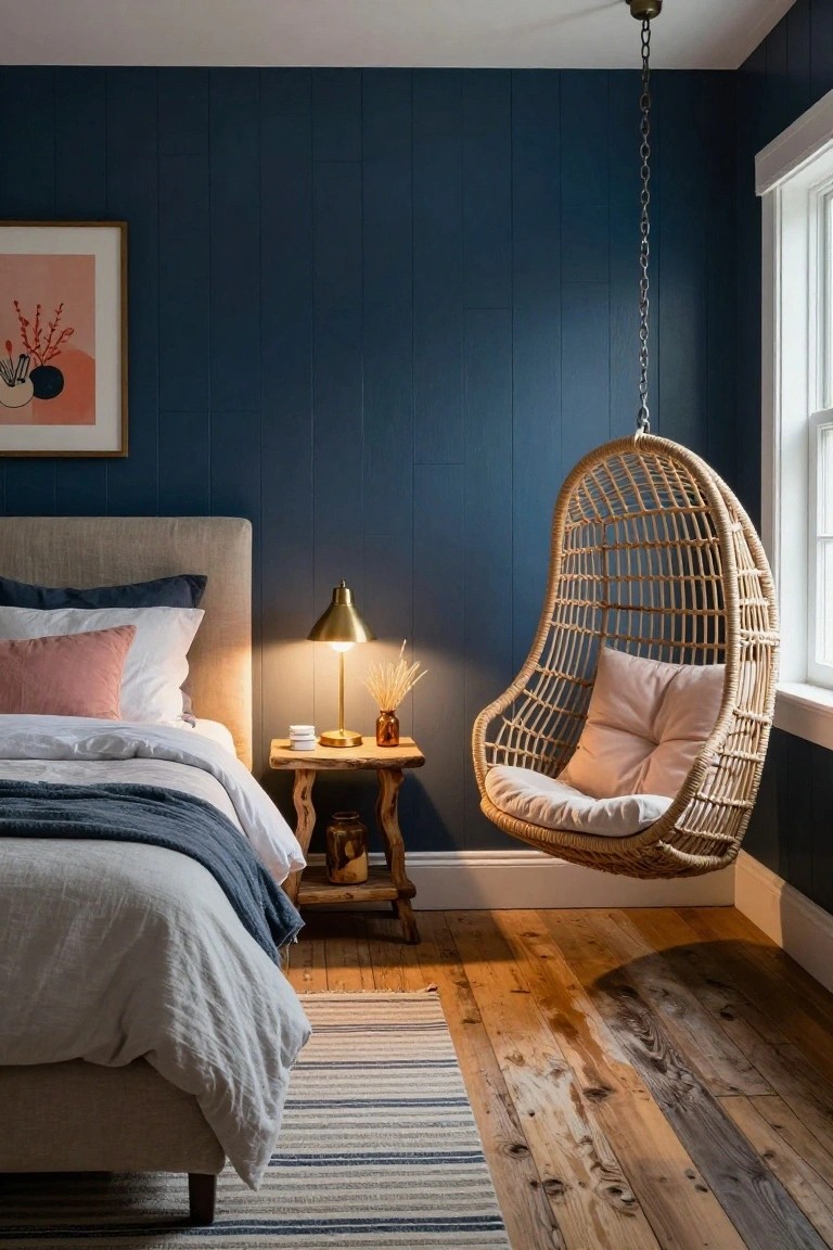 Bedroom with dark navy shiplap walls, beige upholstered bed frame with white sheets pink pillows and navy throw, wooden bedside table with brass lamp and vase, and hanging rattan swing chair by window over striped rug on hardwood floor