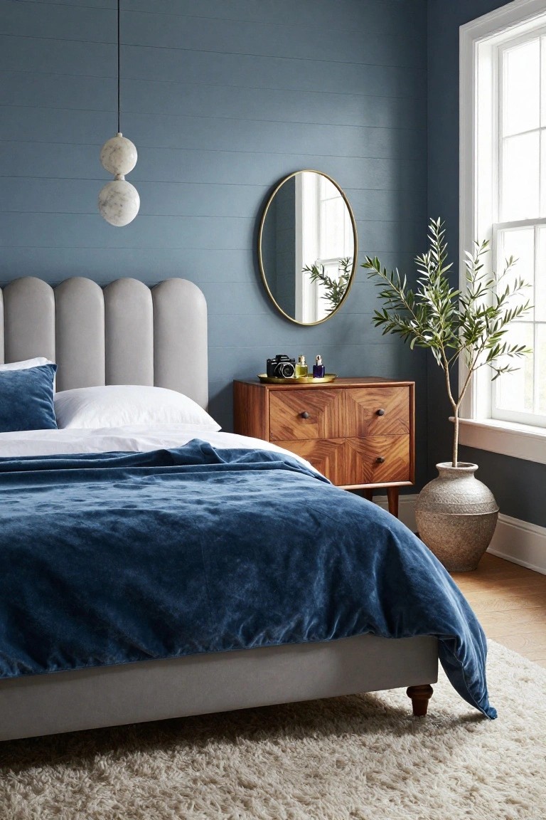 Corner view of a bedroom featuring a bed with navy blue velvet duvet and pillows on a gray tufted scalloped headboard, blue shiplap walls, wooden nightstand with camera and perfume, round gold mirror, olive tree in tall ceramic pot, marble bubble pendant light, and white window by a beige rug.