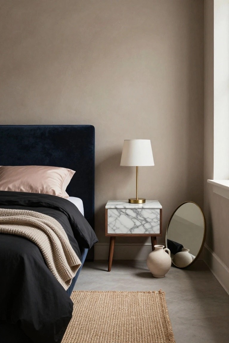 Bedroom corner showing navy velvet upholstered headboard with pink silk pillows and black bedding draped over the bed, beside a marble-top nightstand with brass lamp, round mirror, and terracotta vase on wood floor with seagrass rug against beige walls.