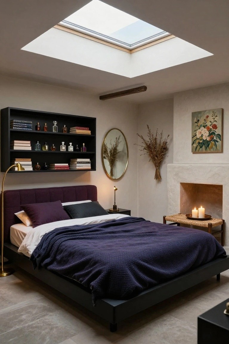 Bedroom interior with a bed featuring purple velvet headboard and pillows, navy knit throw, black open shelves holding books and glass perfume bottles, arched gold floor lamp, oval mirror, dried pampas grass, small fireplace with candles, and skylight overhead.