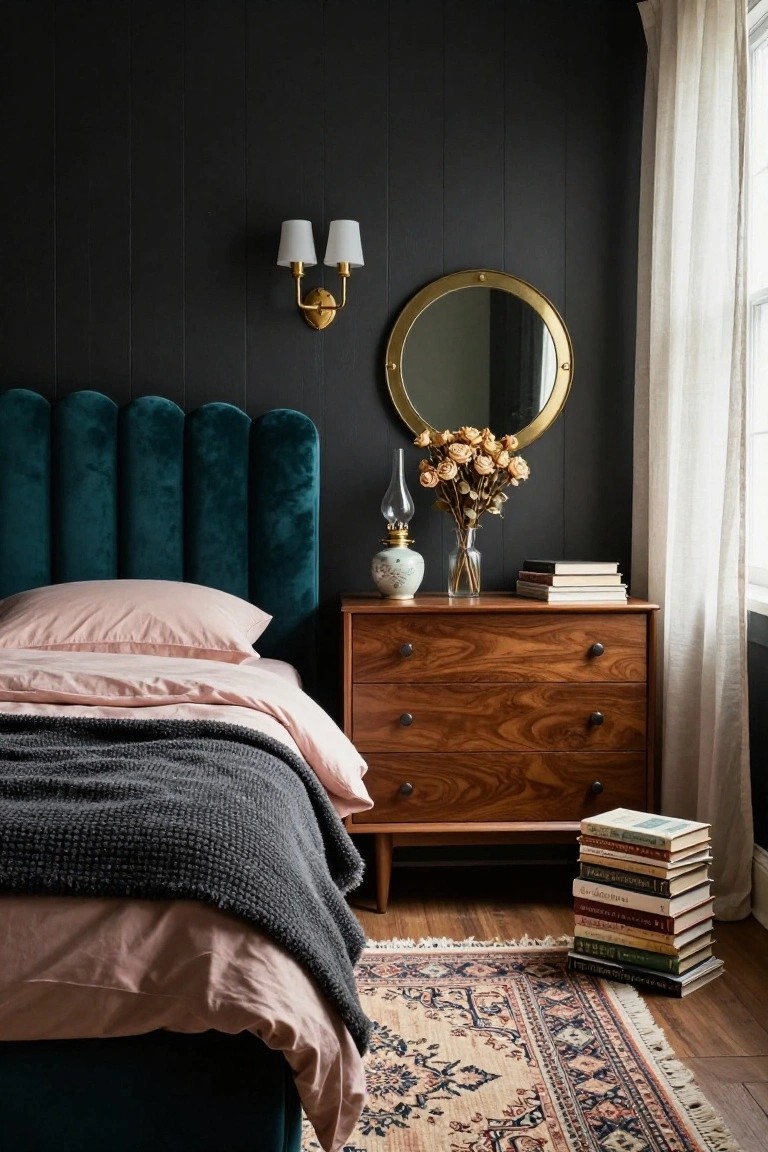 Bedroom with black shiplap walls, tall tufted emerald green velvet headboard, pink bed sheets and gray throw, wooden dresser with lamp and dried flowers, gold round mirror, sheer window curtains, and Persian rug on wood floor.