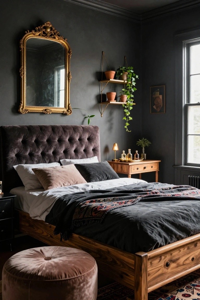 Dark gray bedroom with purple tufted velvet headboard on wooden bed frame, ornate gold mirror on wall, hanging plants on black metal shelves, wooden nightstand holding lamp and glass bottles, dark linens with patterned throw, pink velvet pouf stool, and Persian rug.