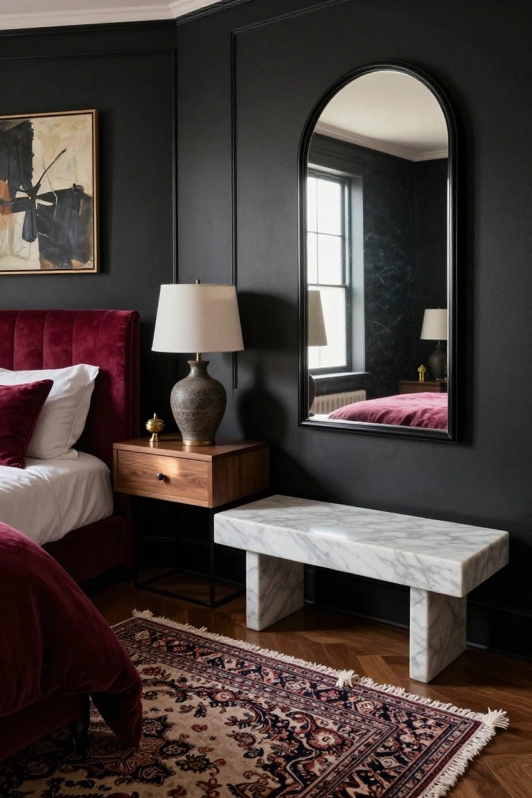 Bedroom interior featuring black paneled walls, arched black mirror, deep red velvet upholstered bed with white sheets and pillows, wooden nightstand with ceramic lamp and gold accessories, white marble bench, and patterned rug on herringbone wood floor.