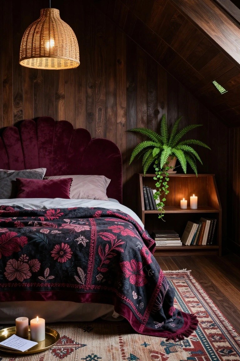 Bedroom with dark wood paneled walls and sloped ceiling, deep maroon scalloped velvet headboard on bed covered in black floral quilt, wooden shelf holding books fern plant and candles, rattan pendant light overhead, brass tray with candles on kilim rug.