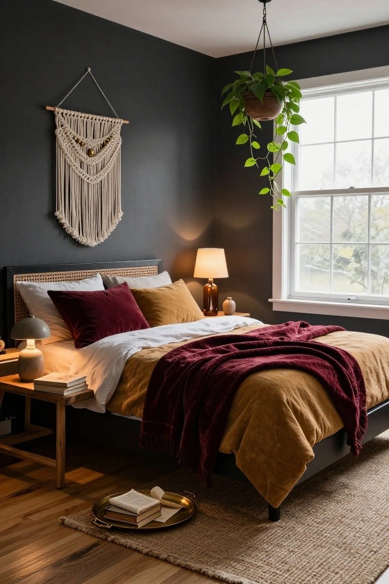Bedroom with dark gray walls, rattan headboard bed topped with white sheets, mustard yellow duvet, burgundy throw and pillows, wooden nightstands with ceramic lamps, hanging potted plant, macrame wall hanging, and window with natural light.