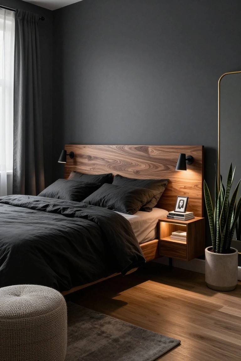 Bedroom interior with charcoal gray walls, walnut wood headboard and floating nightstands lit by black wall sconces, black bedding on a low platform bed, snake plant in white pot, cream pouf stool, gray rug, and oak hardwood floors.